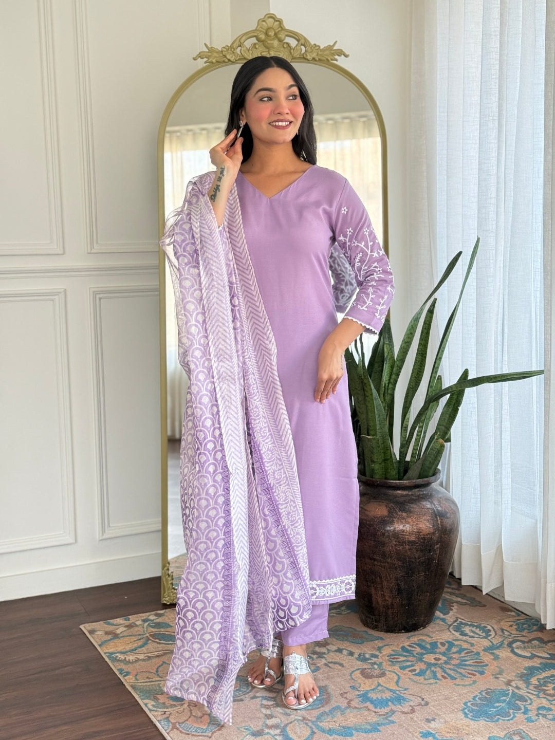 Purple Embroidered Straight Kurtii
