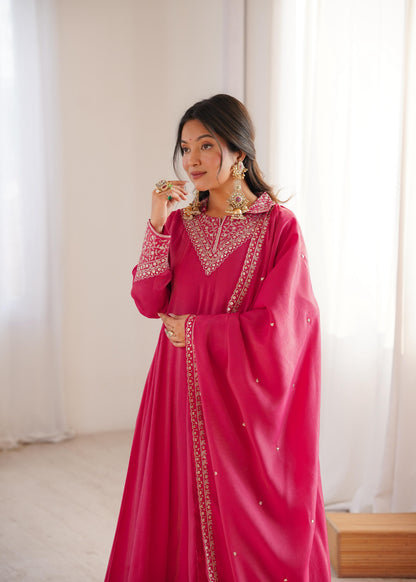 Rani Pink Fully Flair Anarkali Suit Set With Jariwork