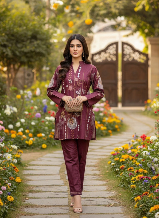 Model wearing brown summer wear linen co-ord set with top and pants