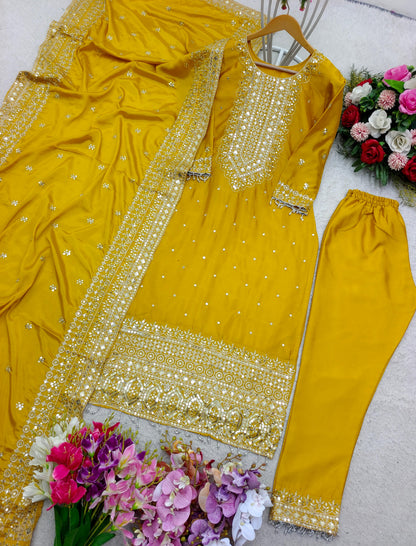 Yellow Cinon Silk Pakistani Suit With Sequence Work