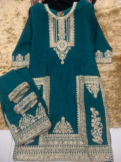 Teal Semi Chinon Silk Fullstich Suit Set
