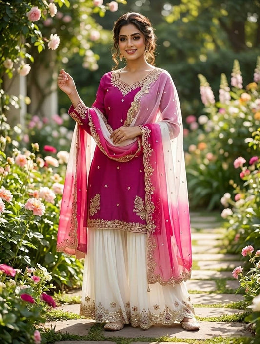 Rani Pink Natural French Crepe Plazzo Set