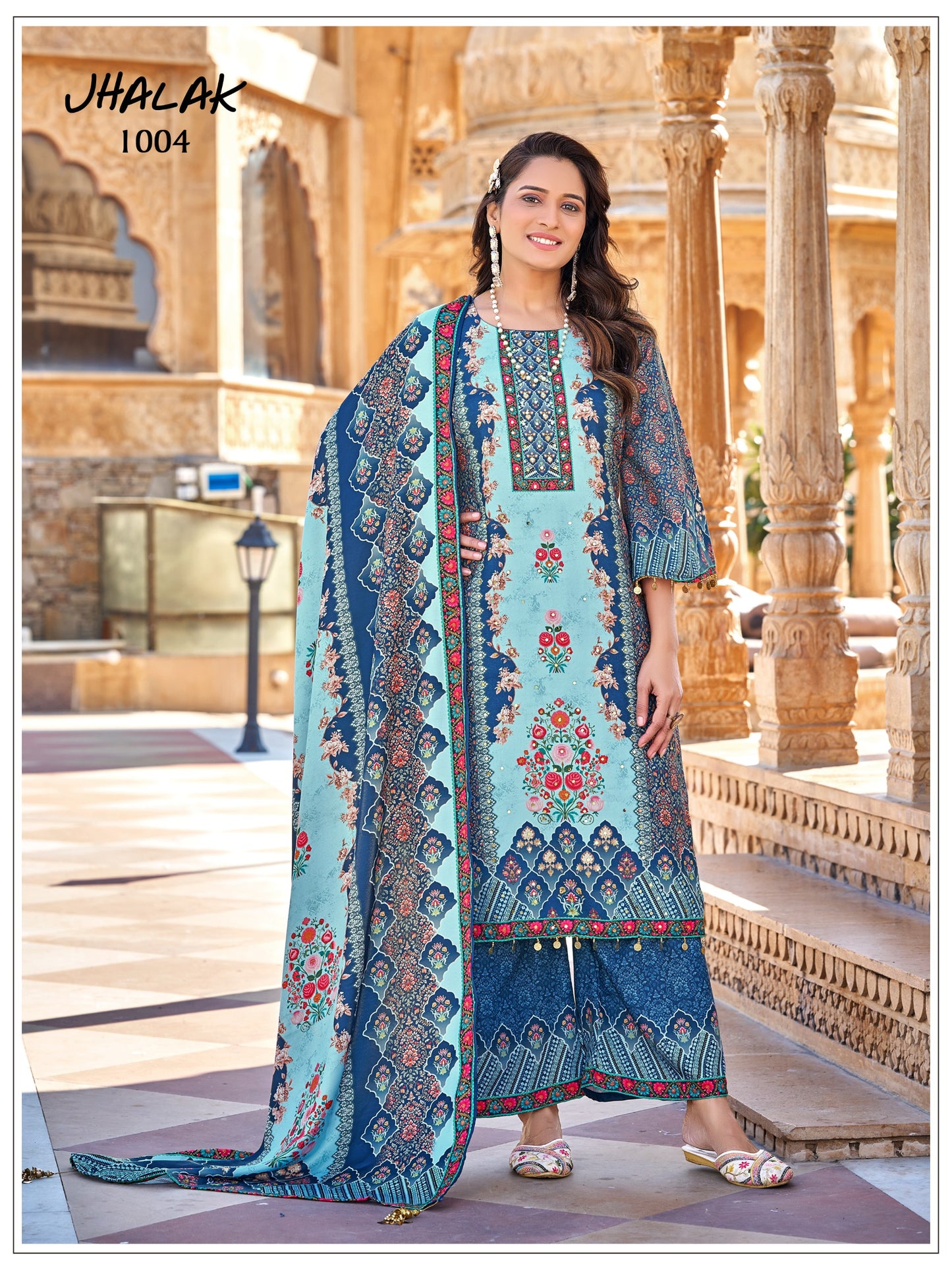 Exclusive Jam Satin Print Suit With Mirror Work Fancy Lace