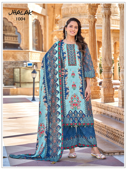 Exclusive Jam Satin Print Suit With Mirror Work Fancy Lace