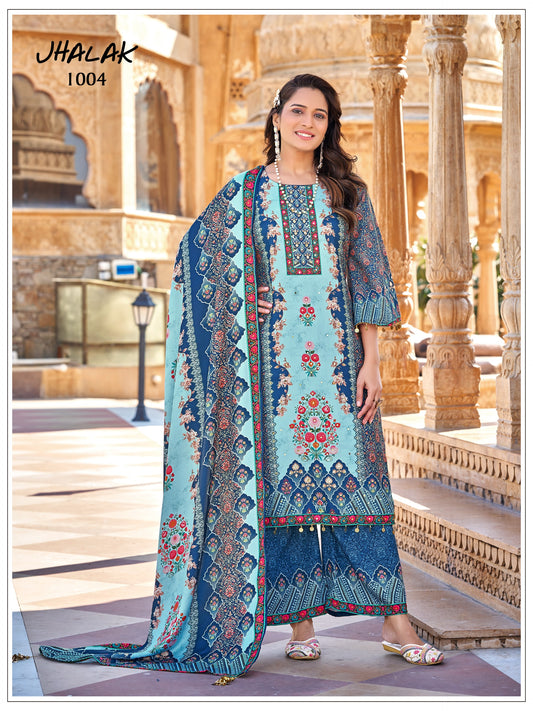 Exclusive Jam Satin Print Suit With Mirror Work Fancy Lace