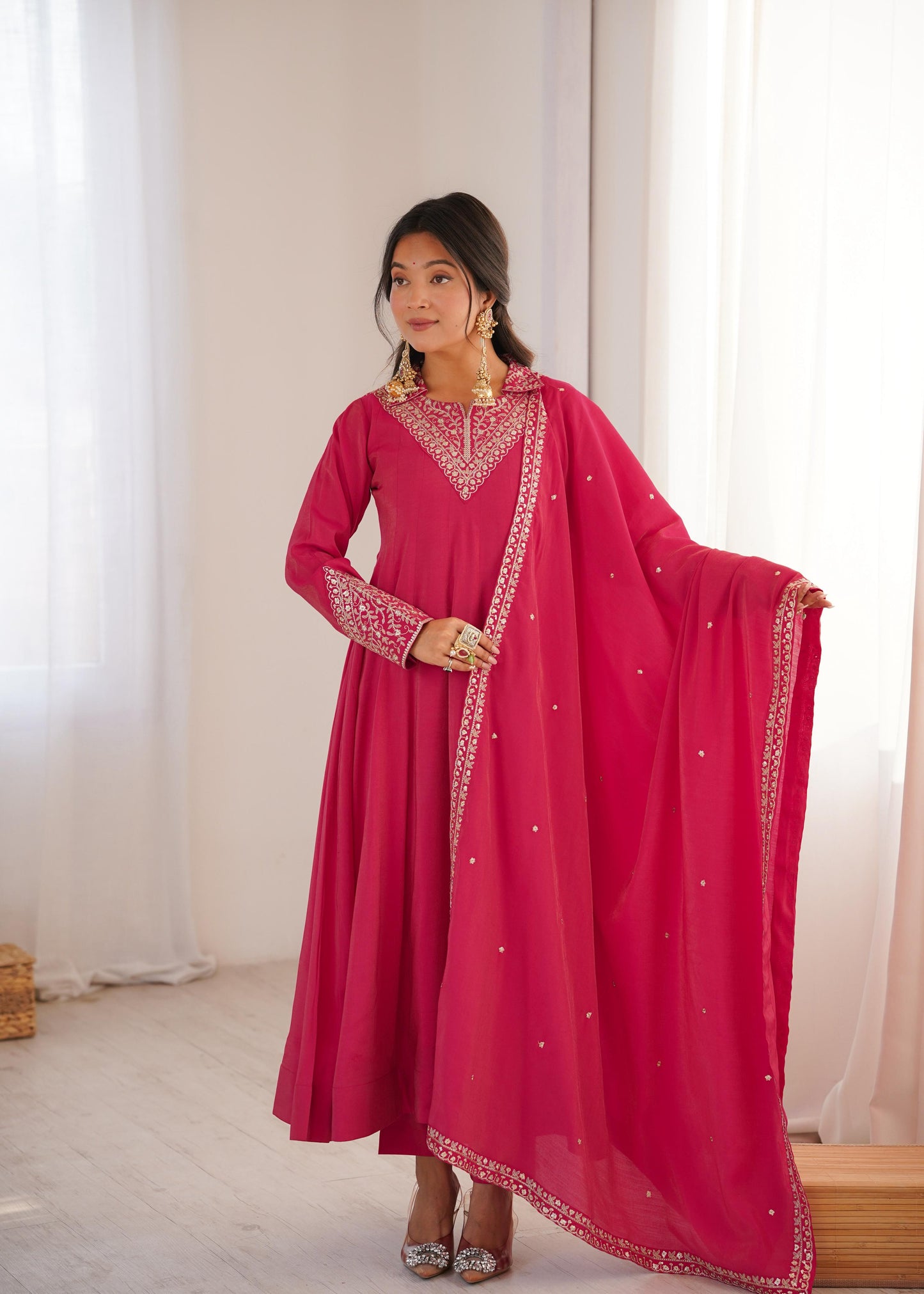 Rani Pink Fully Flair Anarkali Suit Set With Jariwork