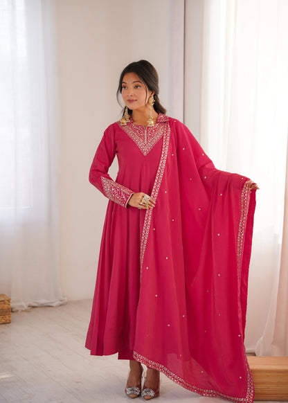 Rani Pink Fully Flair Anarkali Suit Set With Jariwork