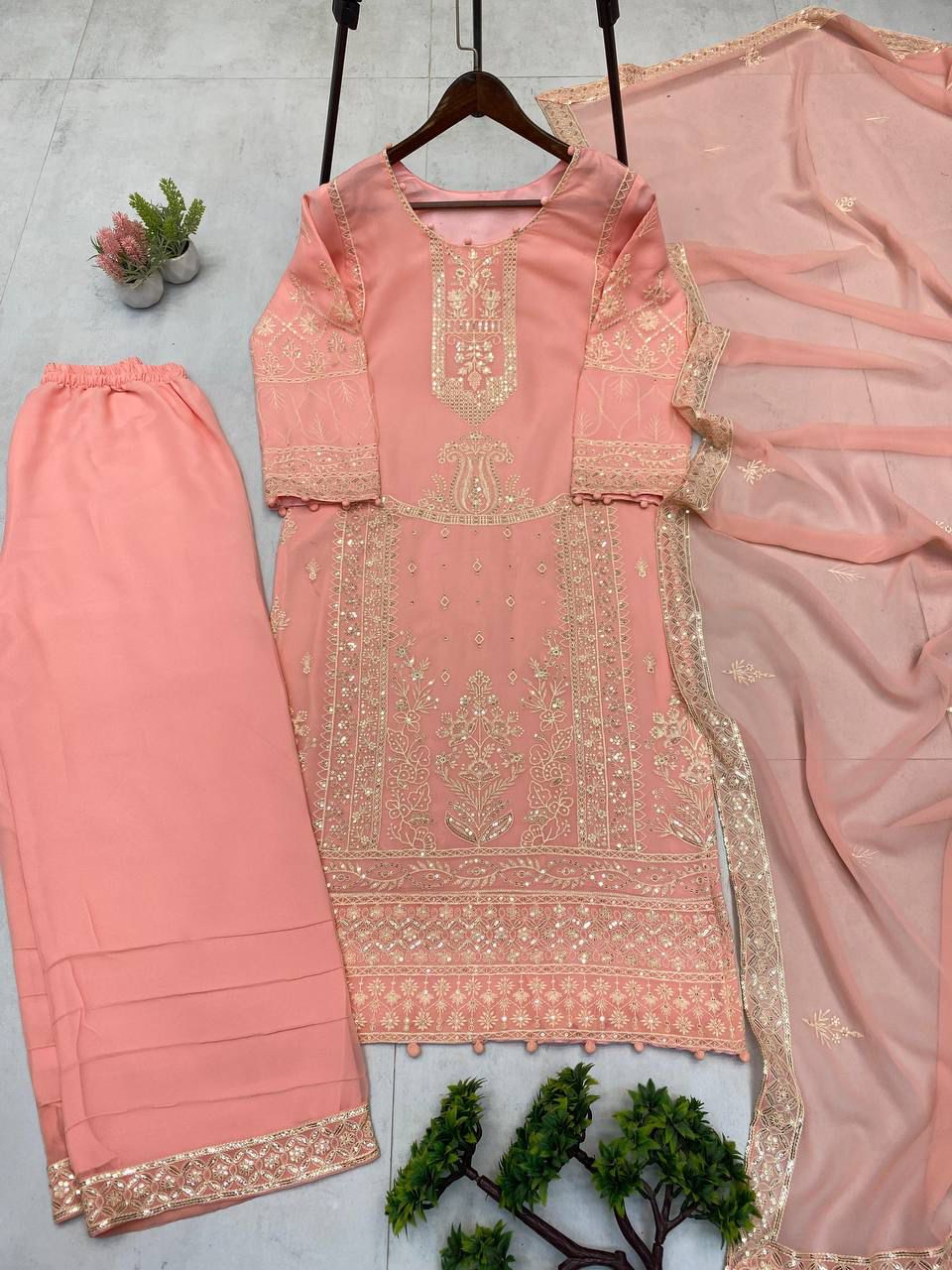 Peach Georgette With Embroidery Work Suit