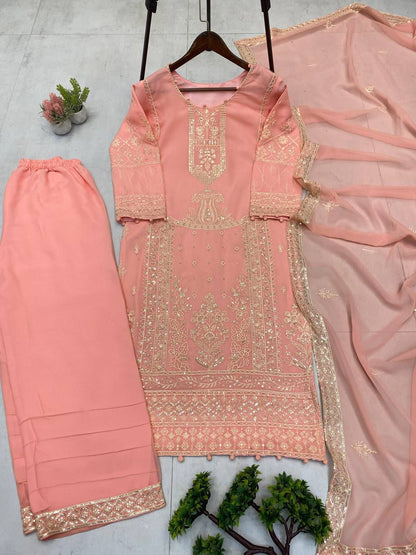 Peach Georgette With Embroidery Work Suit