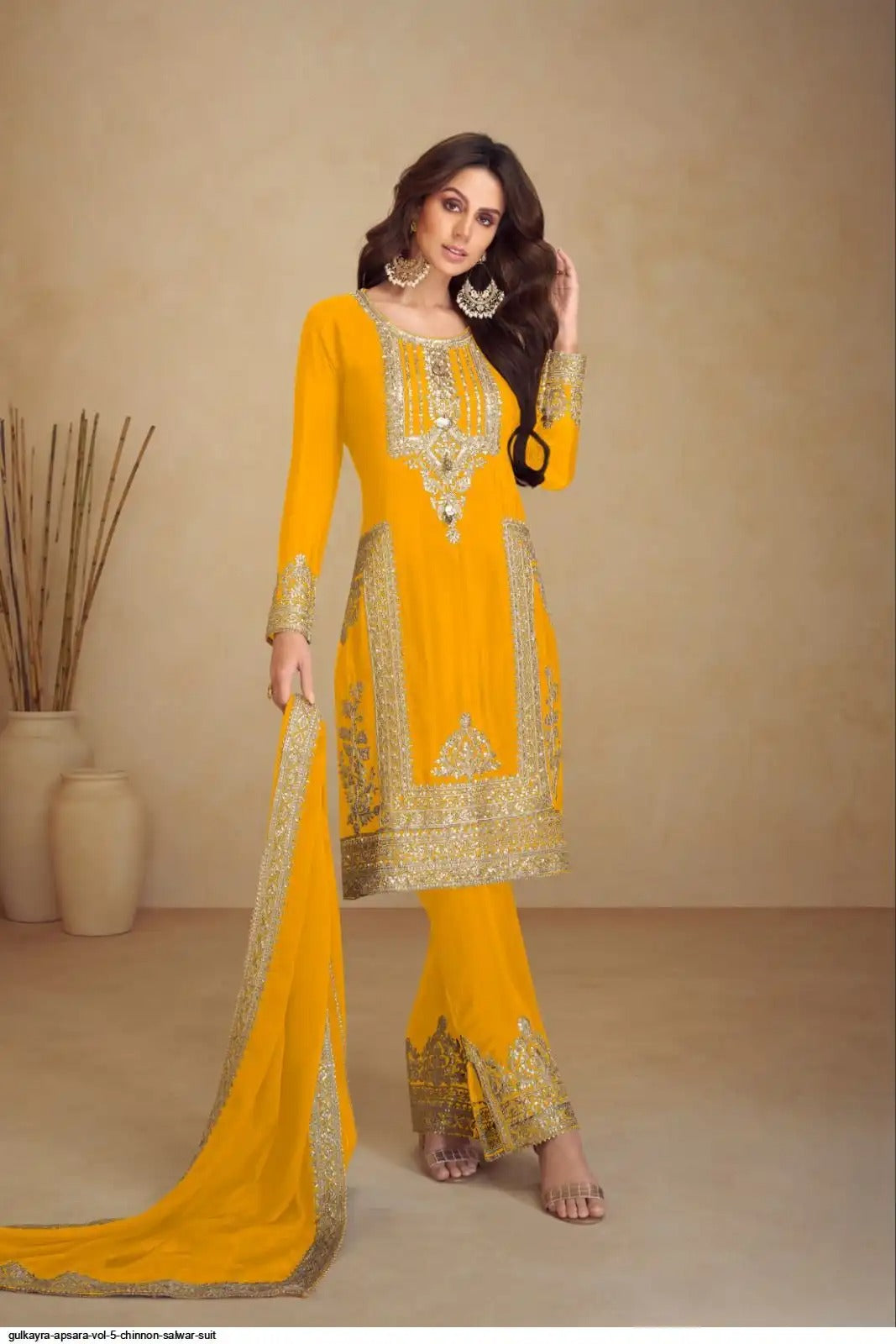 Designer Gulkayra Mustard Yellow Multi Sequence Jari Work Readymade Suit Set