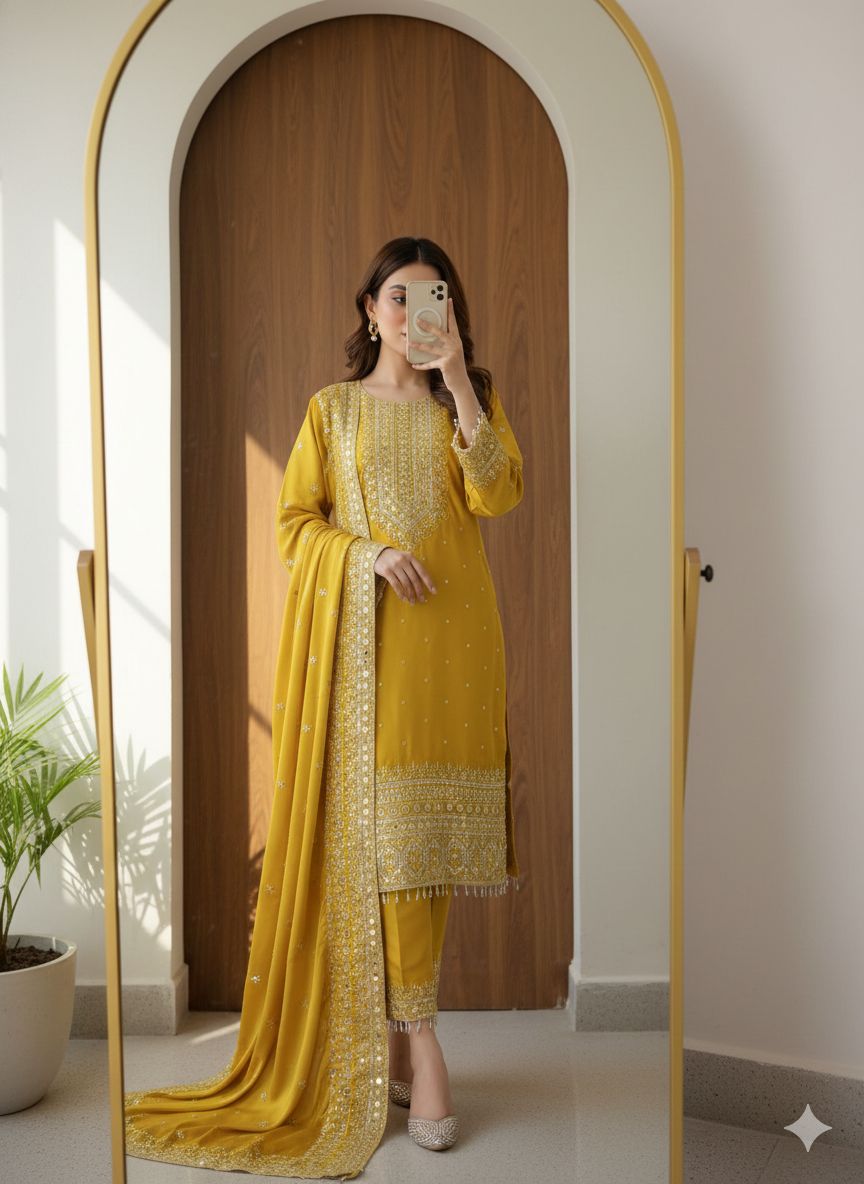 Yellow Cinon Silk Pakistani Suit With Sequence Work