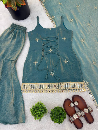 Sea Green Fandy Silk Real Mirror & Sequence Embroidered Sharara Palazzo Suit Set