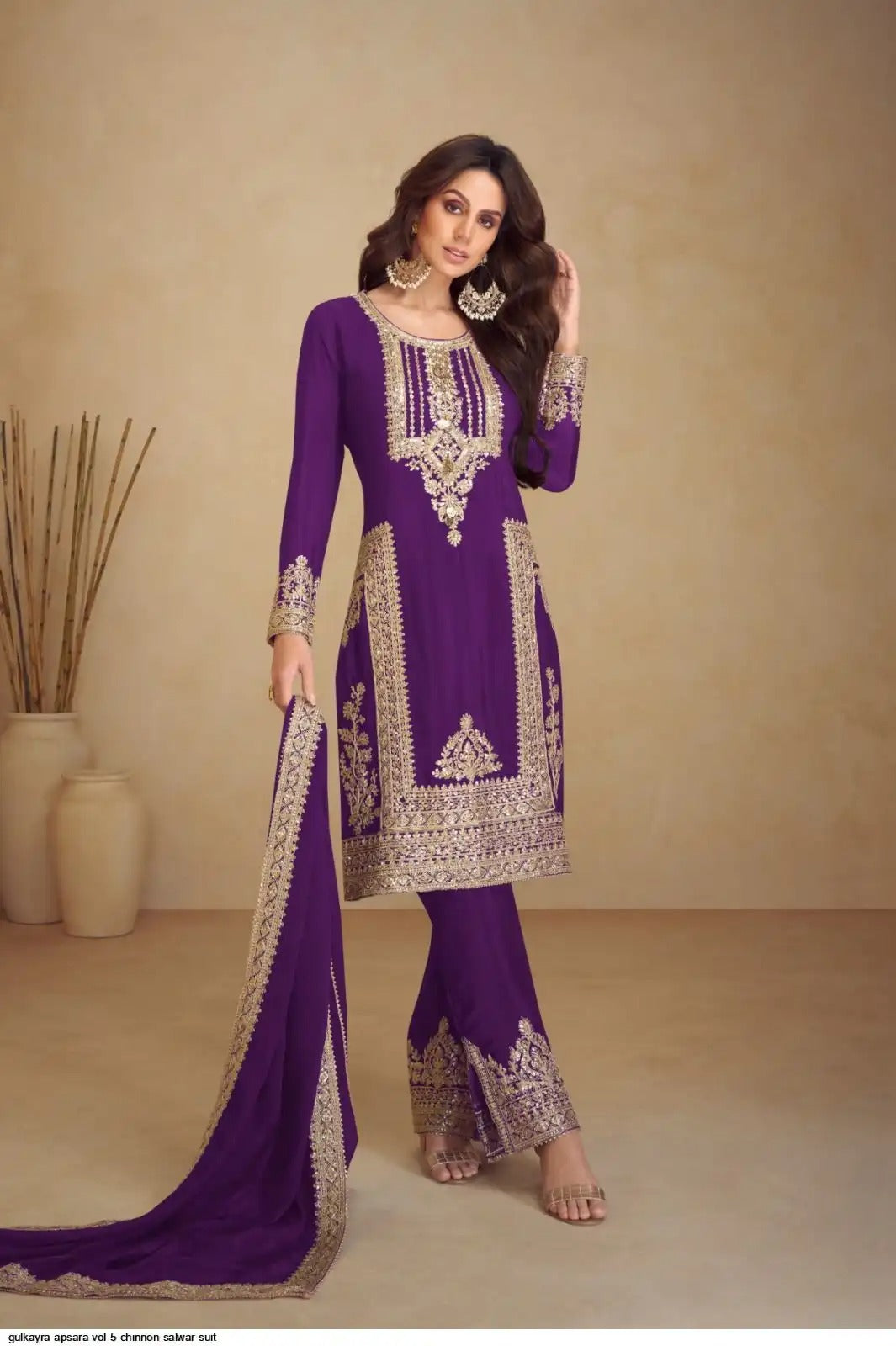 Chinon Silk  Embroidered Purple Pakistani Suit Set