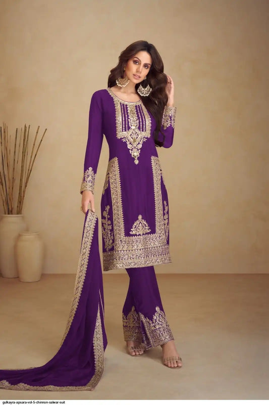 Chinon Silk  Embroidered Purple Pakistani Suit Set