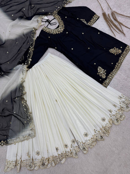 Natural French Crepe Black Suit With Organza Dupatta