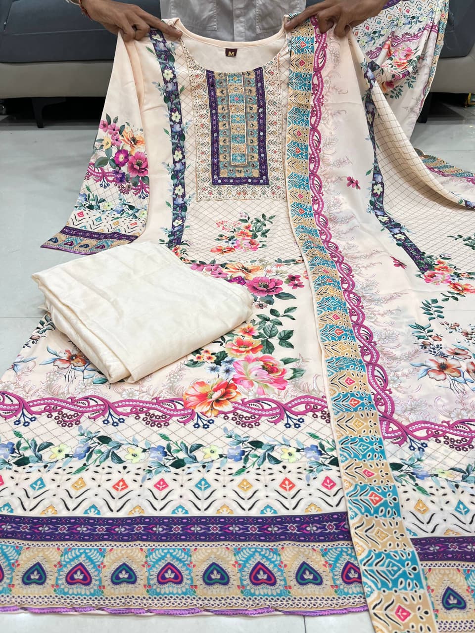 Beautiful off white lilac silk kurti pant set with dupatta and pearl bracelet for women
