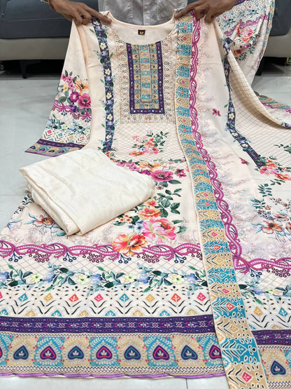 Beautiful off white lilac silk kurti pant set with dupatta and pearl bracelet for women