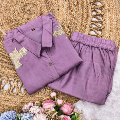 Summer Wear Lavender Roman Silk Kurti And Palazzo