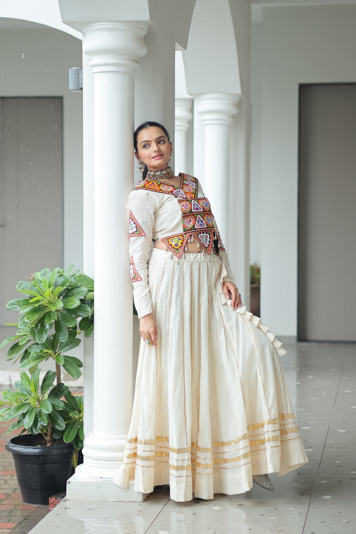 White Embroidered Cotton Lehenga