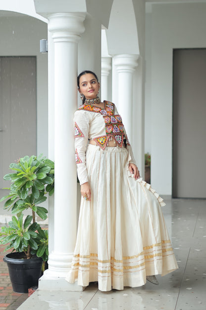 White Embroidered Cotton Lehenga