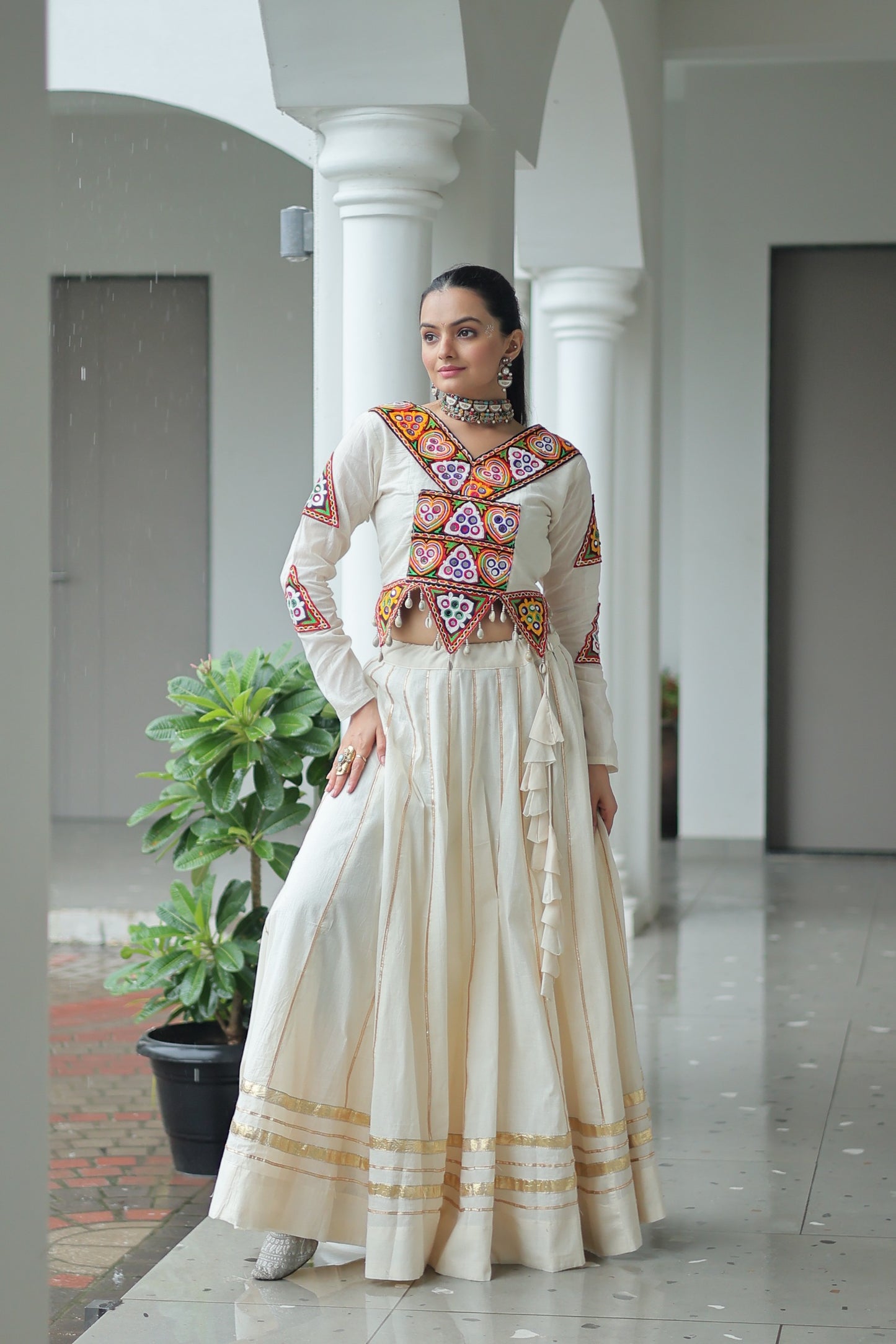 White Embroidered Cotton Lehenga