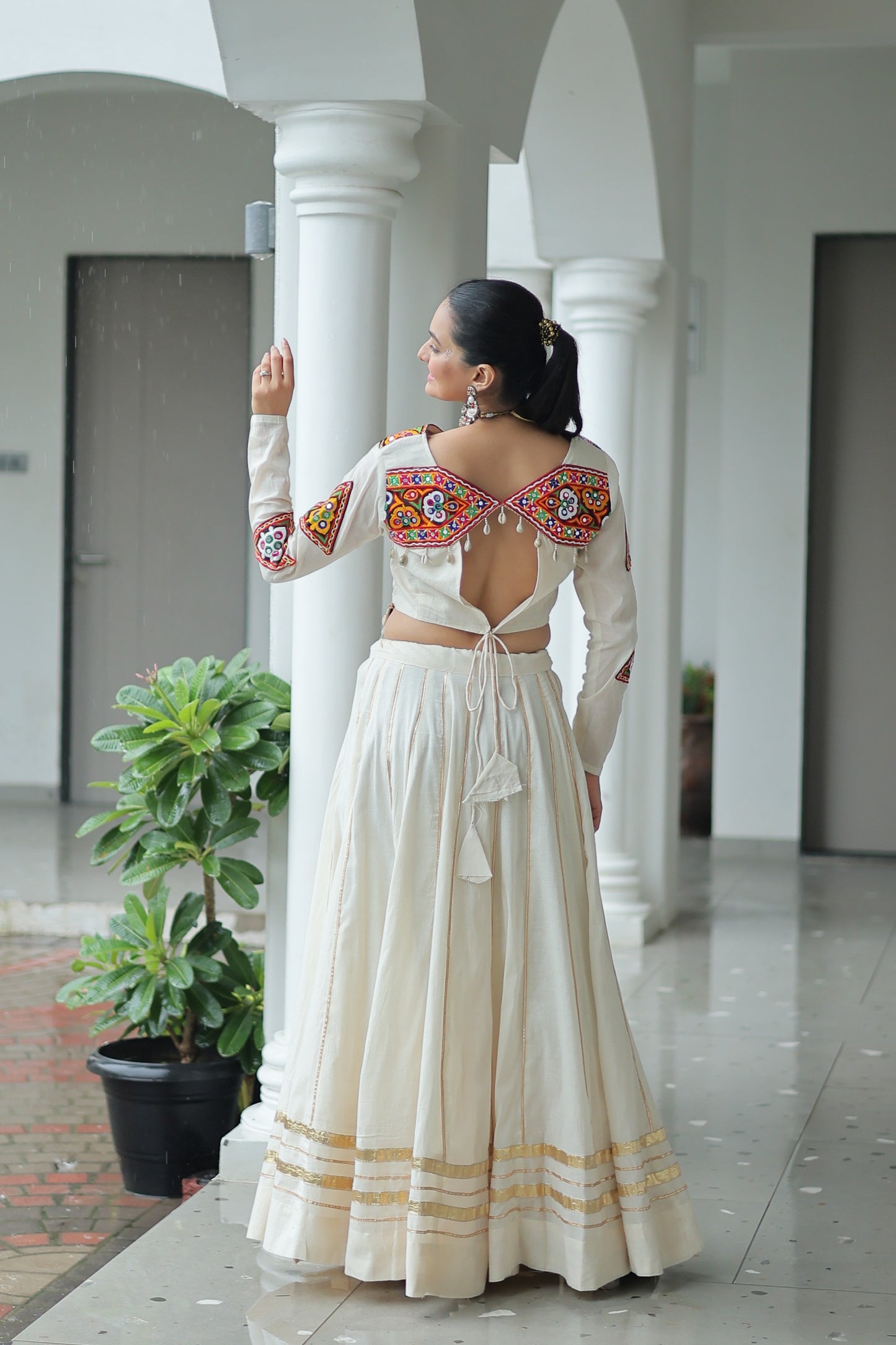 White Embroidered Cotton Lehenga