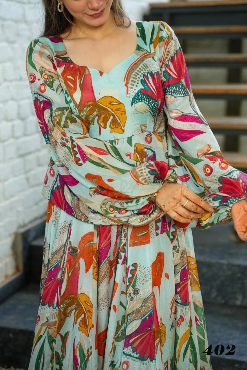 Mint Aqua Multicolor Floral Print Designer Gown
