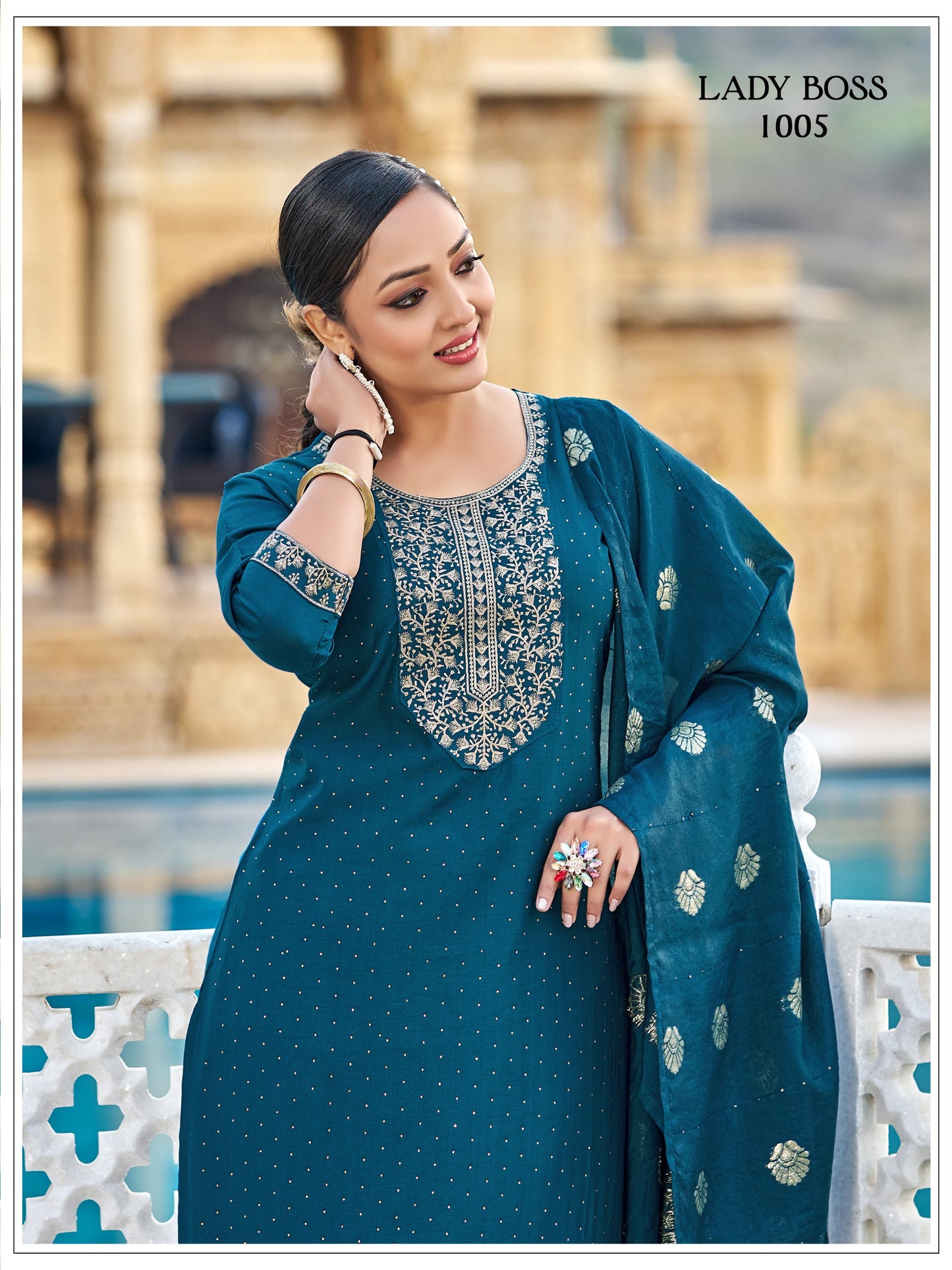 Vertican Silk Teal Blue Kurti Set With Jarkan Work