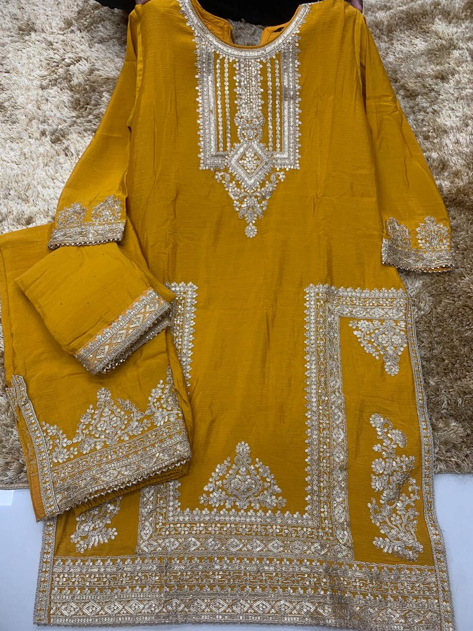 Designer Gulkayra Mustard Yellow Multi Sequence Jari Work Readymade Suit Set