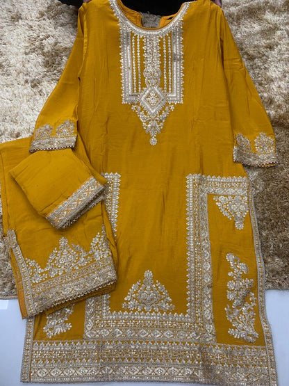 Designer Gulkayra Mustard Yellow Multi Sequence Jari Work Readymade Suit Set
