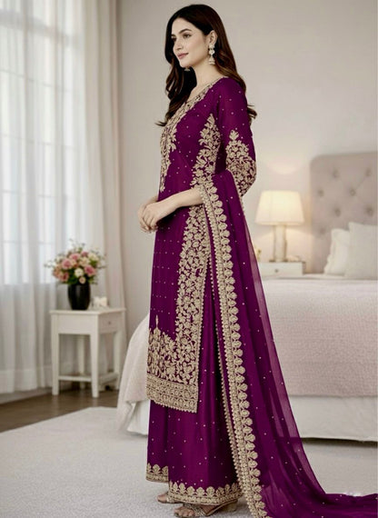 Gmy Silk With Heavy Embroidery Coding Sequence Work Suit