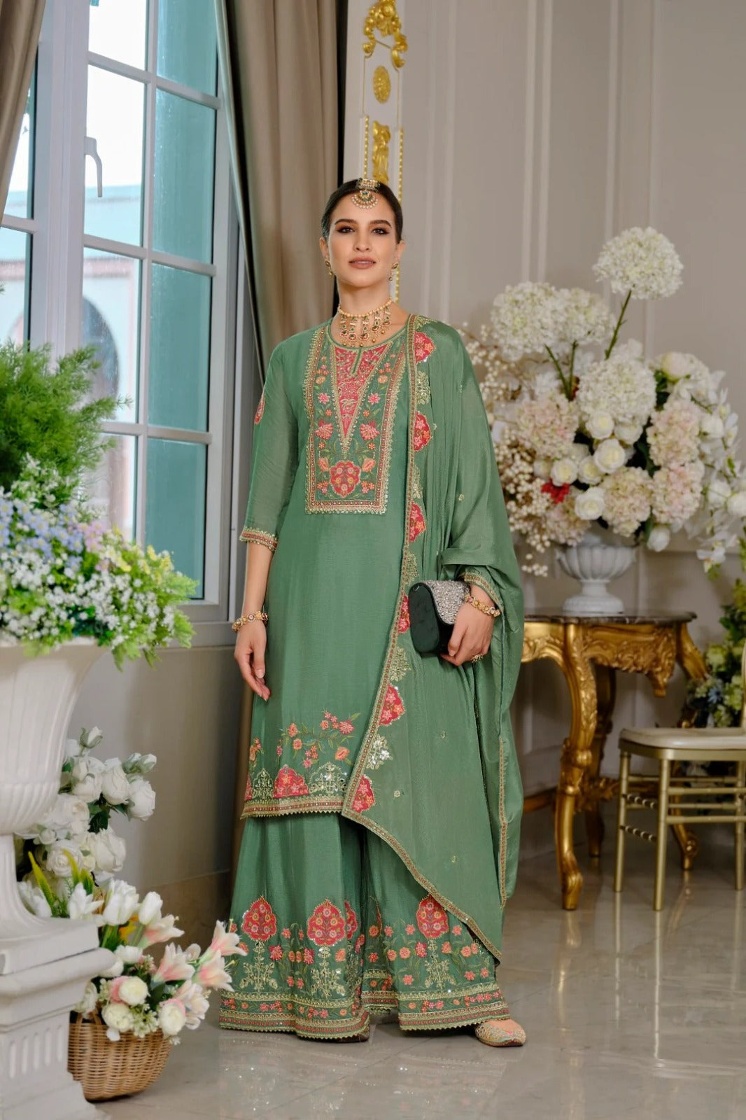 Green Chinon Silk  Embroidery Work Palazzo Suit