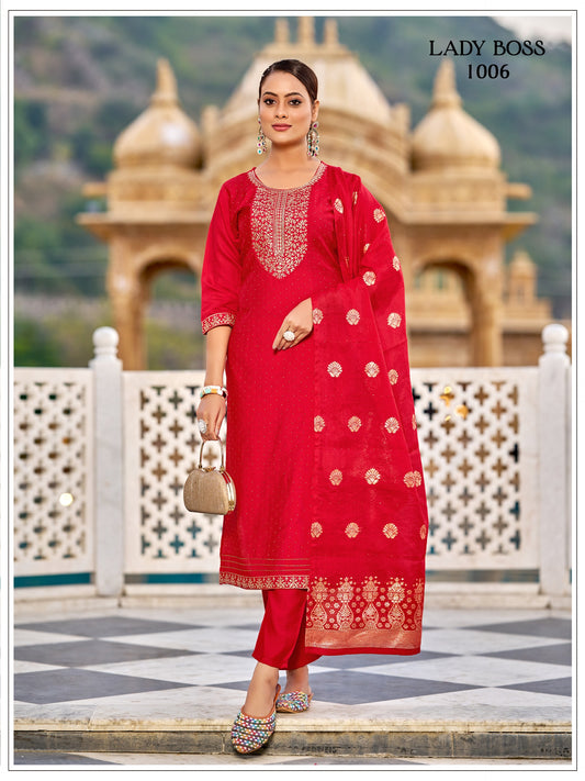 Vertican Silk Red Kurti Pant Set