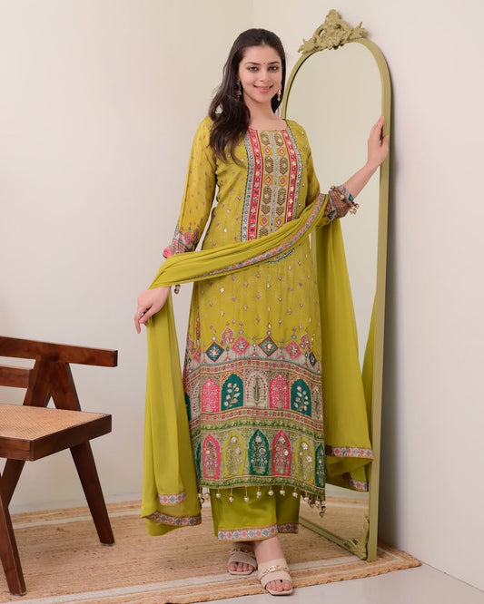 Pure Chinon Parrot Ready Made Palazzo Suit Set