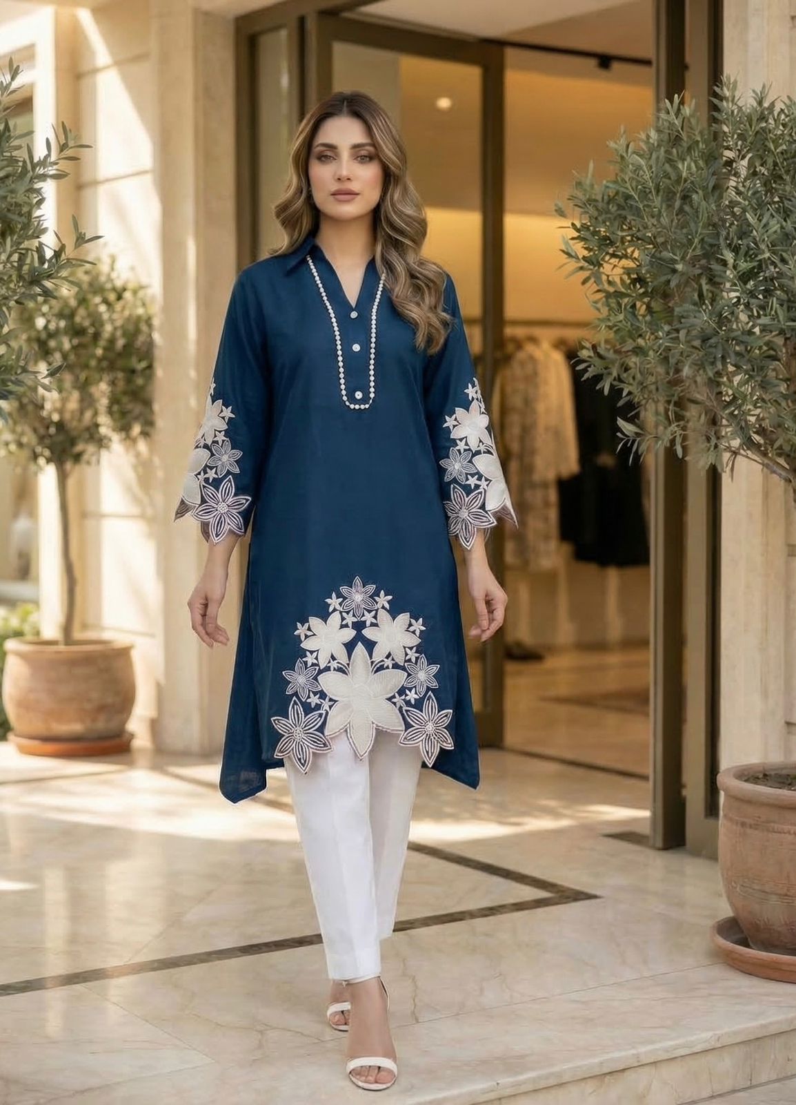 Blue Rayon Cutwork Kurti Pant Set