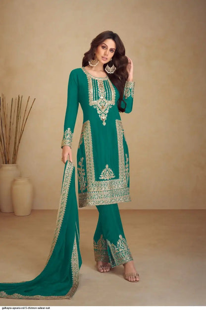 Teal Semi Chinon Silk Fullstich Suit Set