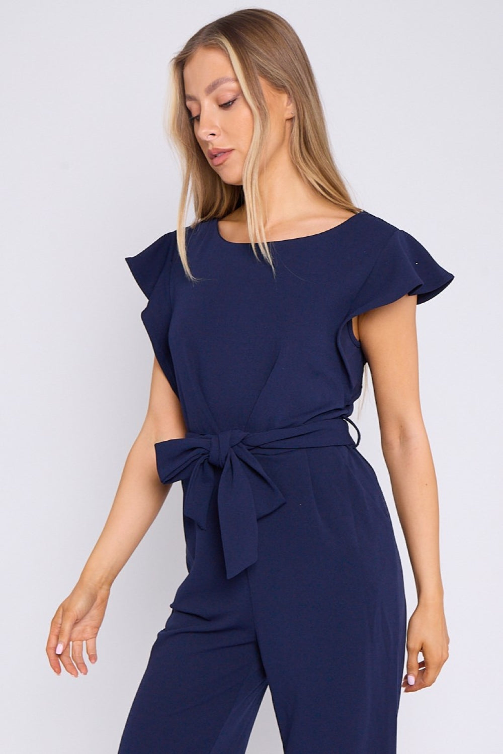 Navy Wide Leg Belted Jumpsuit