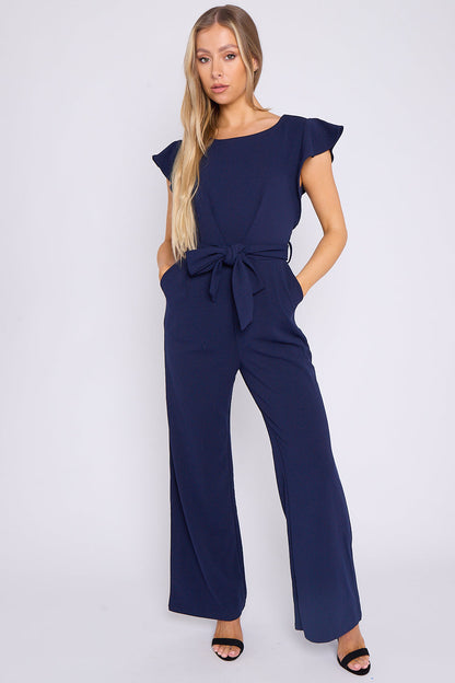 Navy Wide Leg Belted Jumpsuit
