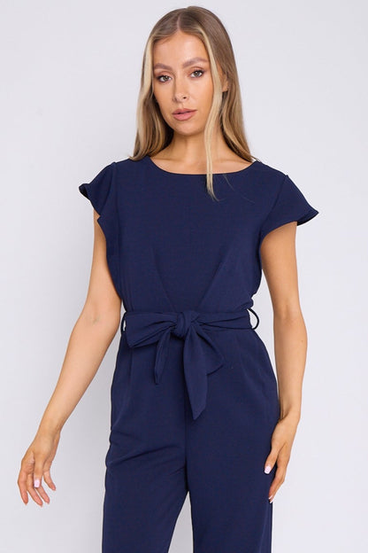 Navy Wide Leg Belted Jumpsuit