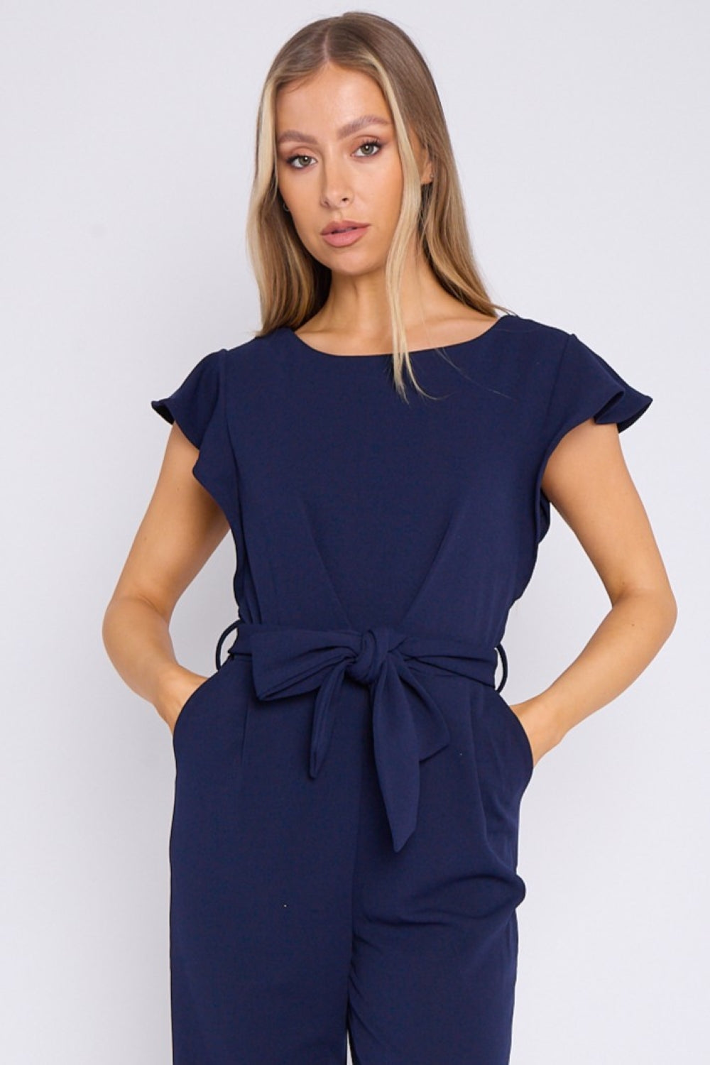 Navy Wide Leg Belted Jumpsuit