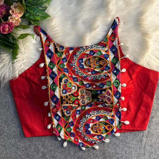 Multicolour Kutchi Embroidered Mirror & Kaudi Work Navratri Corset Blouse