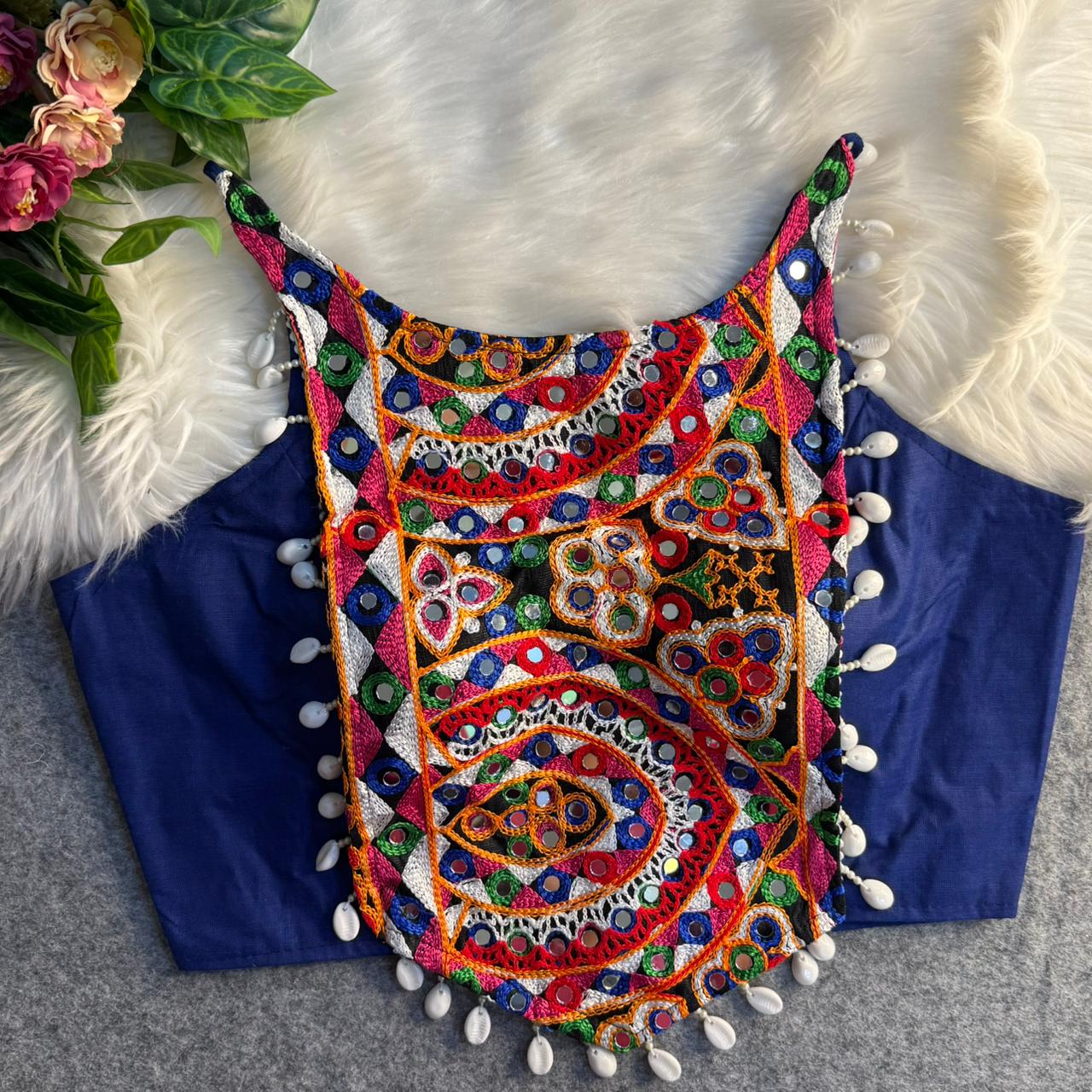 Multicolour Kutchi Embroidered Mirror & Kaudi Work Navratri Corset Blouse