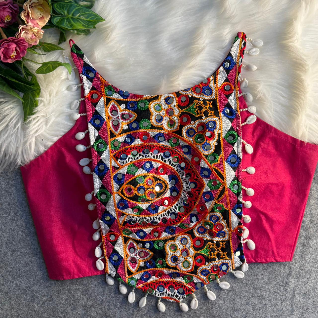 Multicolour Kutchi Embroidered Mirror & Kaudi Work Navratri Corset Blouse