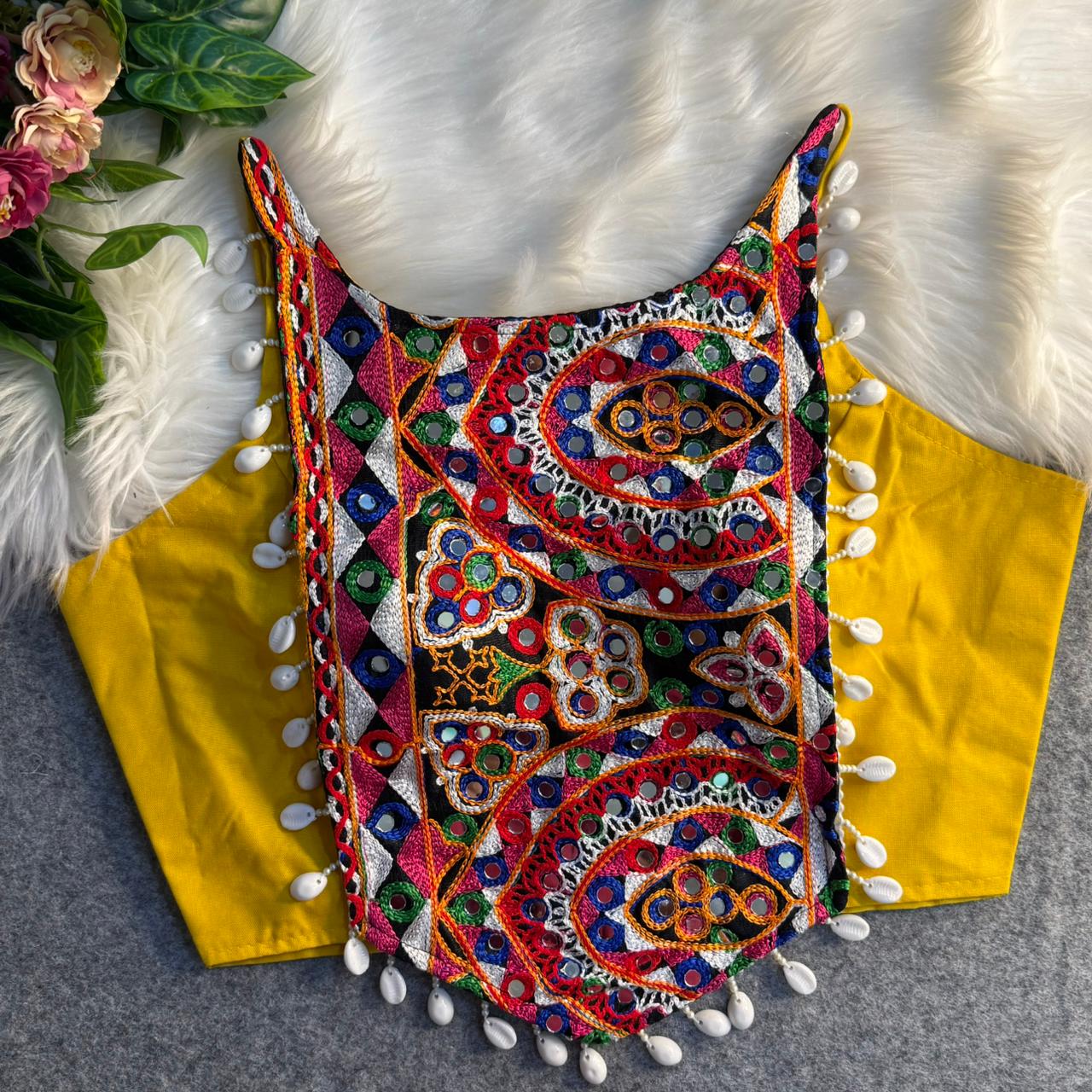 Multicolour Kutchi Embroidered Mirror & Kaudi Work Navratri Corset Blouse