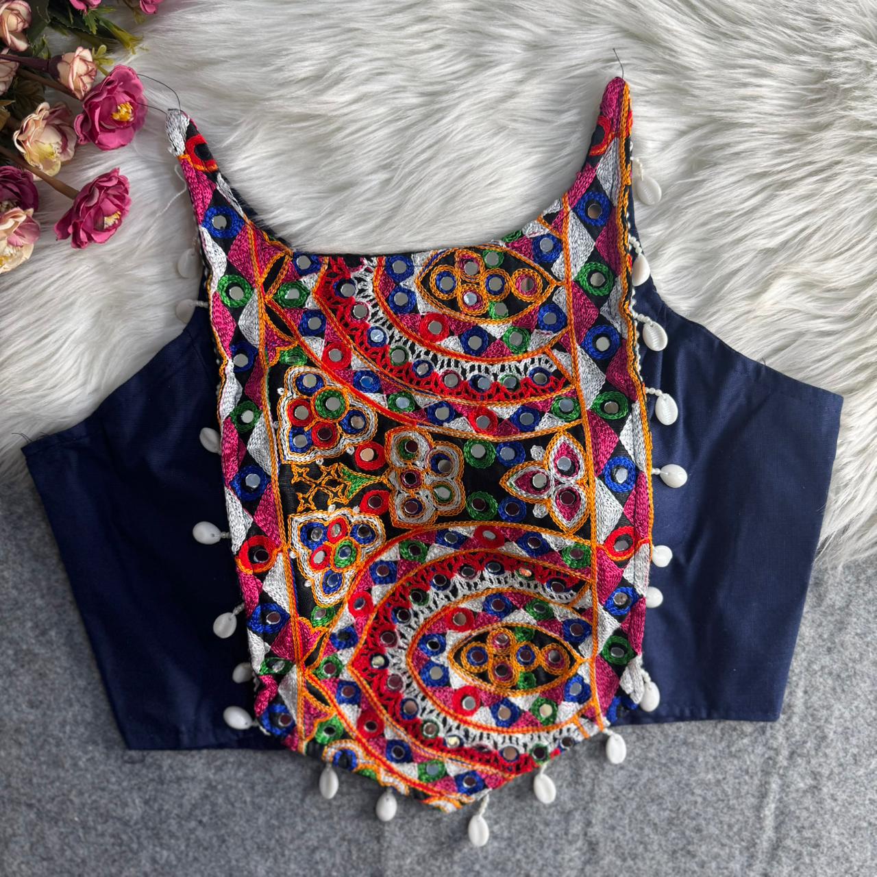 Multicolour Kutchi Embroidered Mirror & Kaudi Work Navratri Corset Blouse