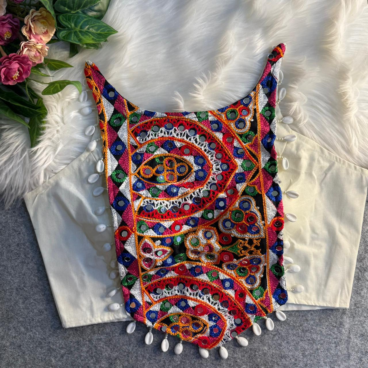 Multicolour Kutchi Embroidered Mirror & Kaudi Work Navratri Corset Blouse