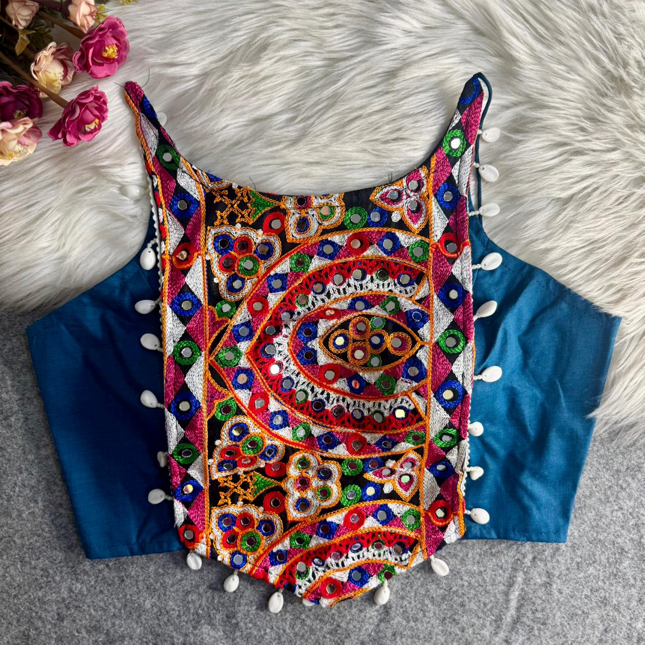 Multicolour Kutchi Embroidered Mirror & Kaudi Work Navratri Corset Blouse