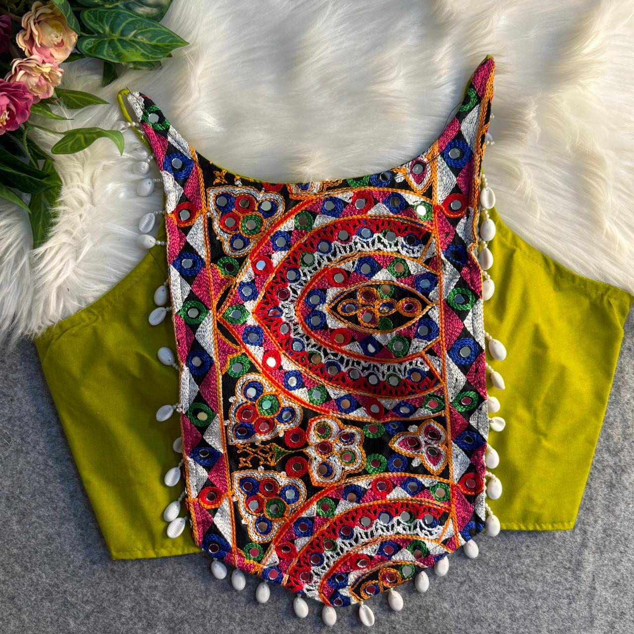 Multicolour Kutchi Embroidered Mirror & Kaudi Work Navratri Corset Blouse