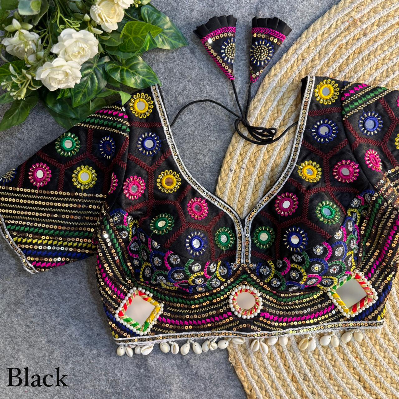 Mirror, Bead & Kaudi Work Italian Silk Navratri Blouse