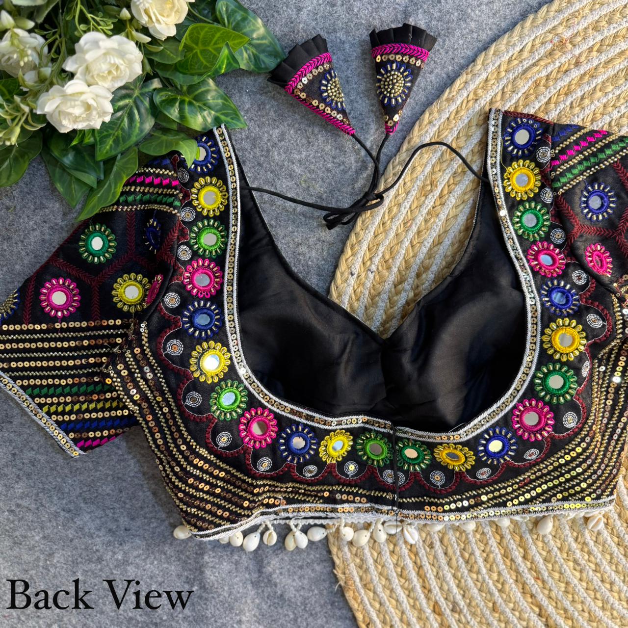 Mirror, Bead & Kaudi Work Italian Silk Navratri Blouse